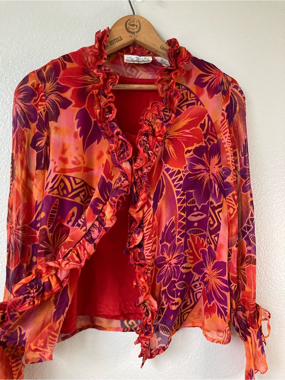 Vintage y2k 90s Silk Sheer overlay Tie front Bell Sleeves Ruffle Blouse Top sz S